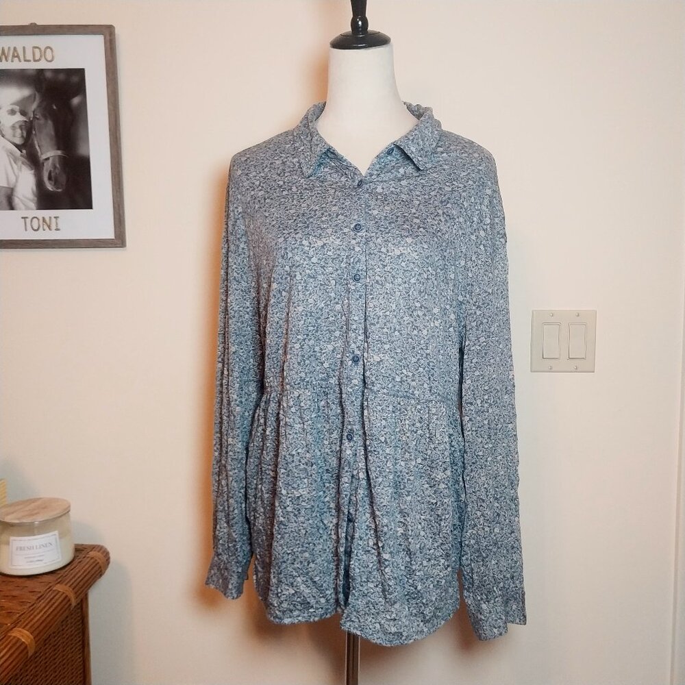 FRYE & CO SIZE L MINI FLORAL PRINT BUTTON DOWN PEPLUM RUFFLE BLUE AND TAN BLOUSE